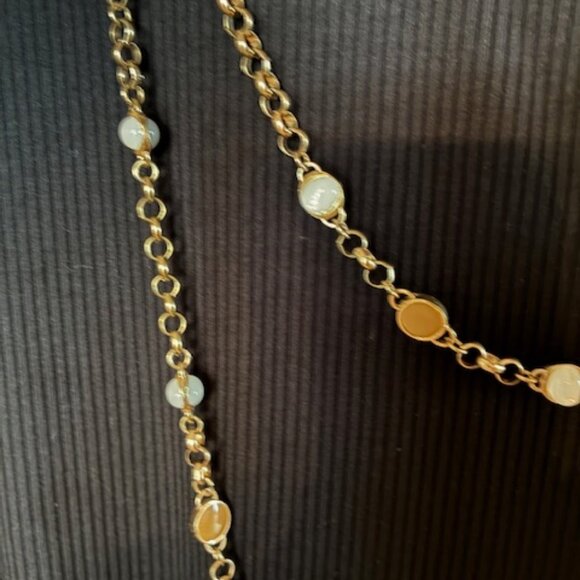 Coldwater Creek long gold tone necklace with tan and white circles - Picture 2 of 3